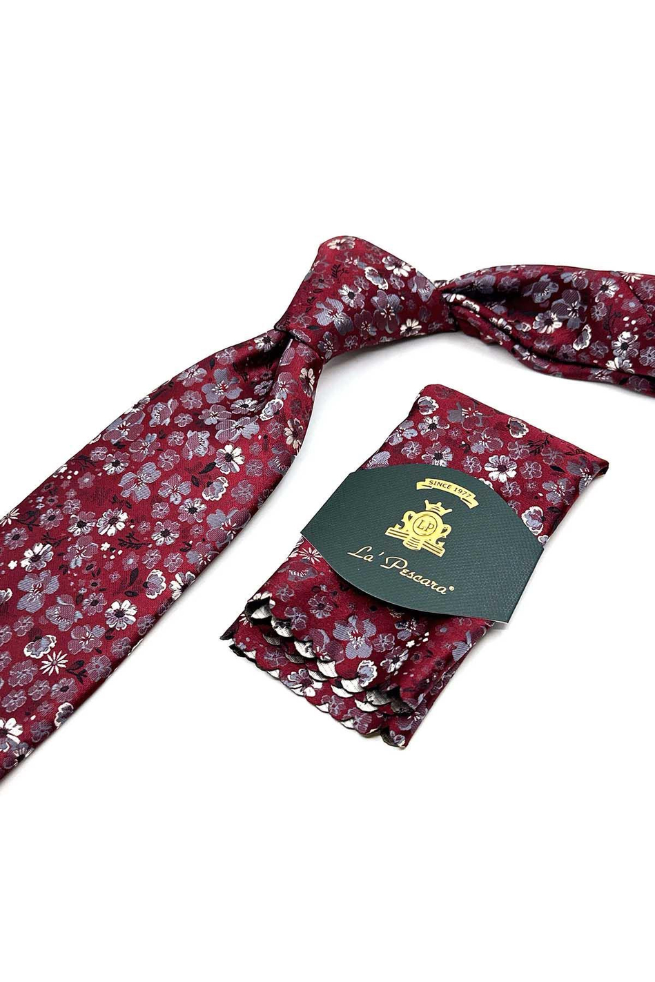 Bordo Çiçek Desen Mendilli Klasik Kravat KK13137