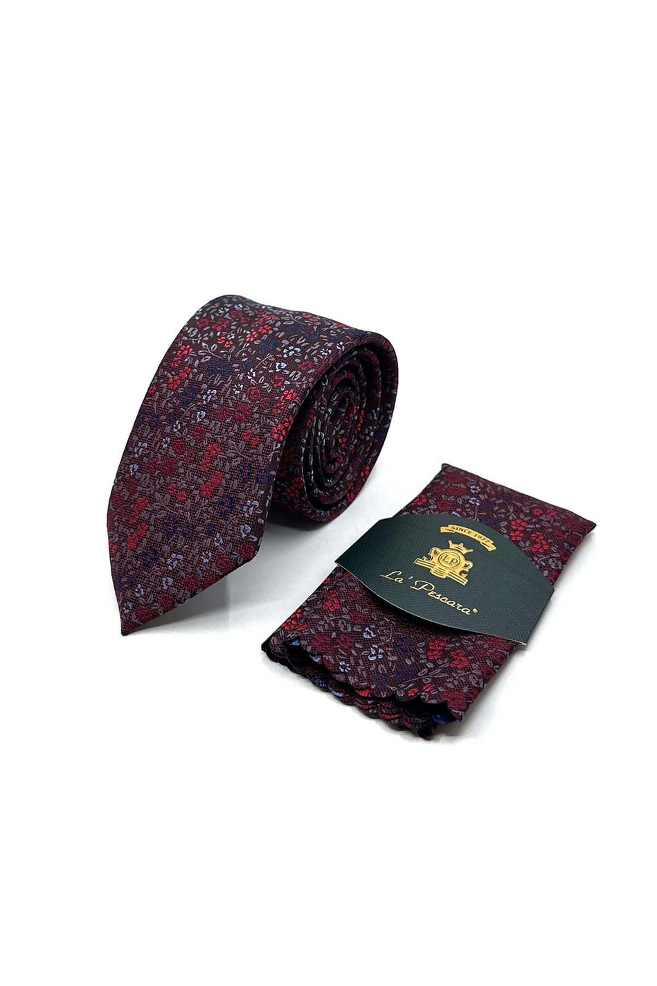 Bordo Çiçek Desen Mendilli Klasik Kravat KK13155