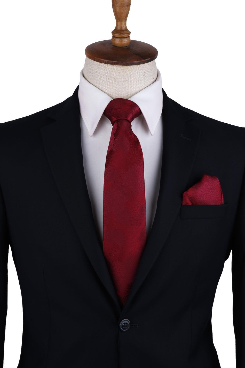 Bordo Çiçek Desen Mendilli Klasik Kravat KK10467