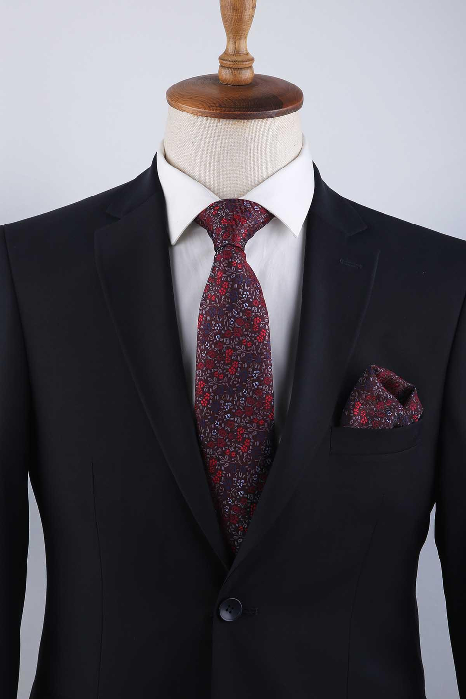 Bordo Çiçek Desen Mendilli Klasik Kravat KK13155