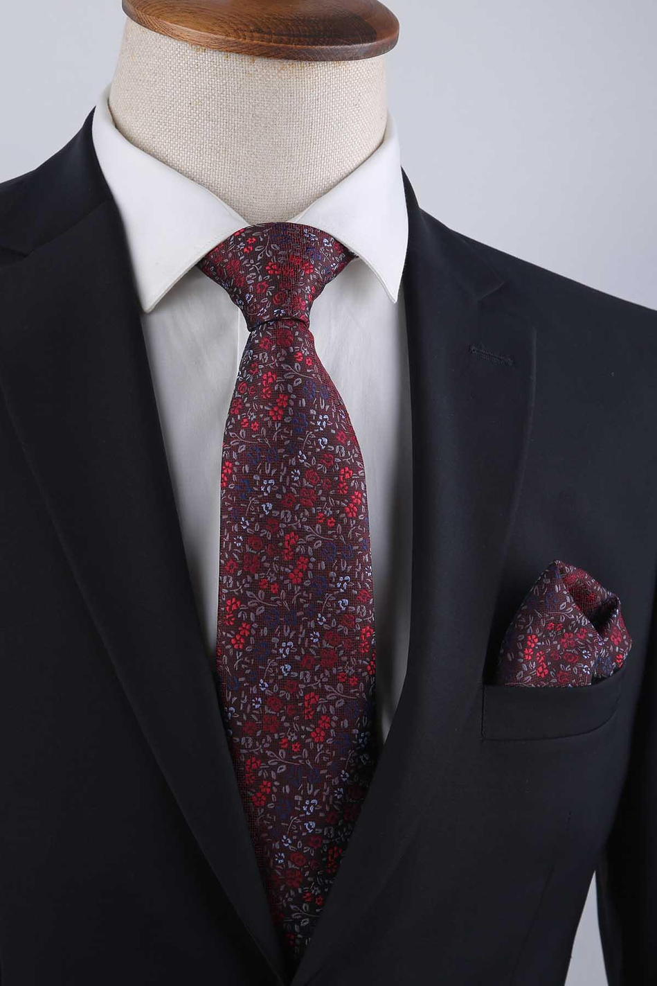 Bordo Çiçek Desen Mendilli Klasik Kravat KK13155