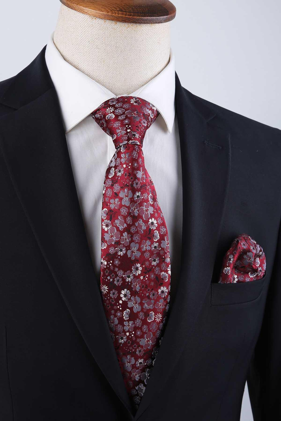 Bordo Çiçek Desen Mendilli Klasik Kravat KK13137