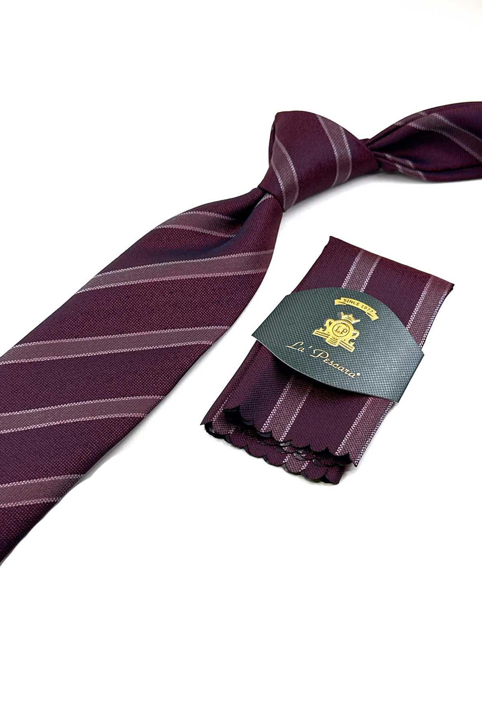 Bordo Çizgi Desen Mendilli Klasik Kravat KK12672