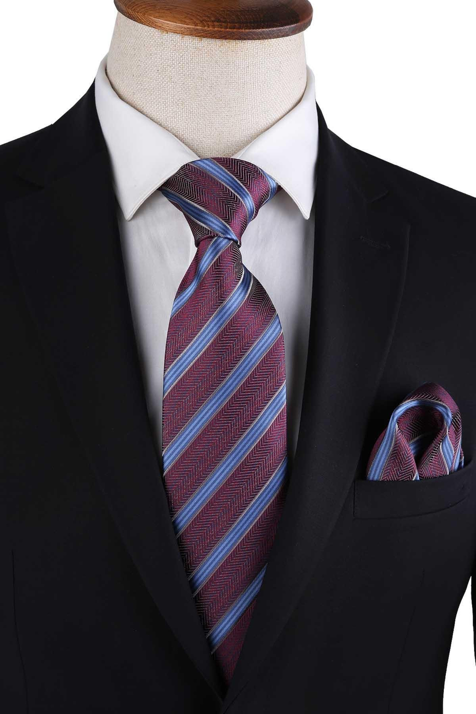 Bordo Çizgi Desen Mendilli Klasik Kravat KK13192