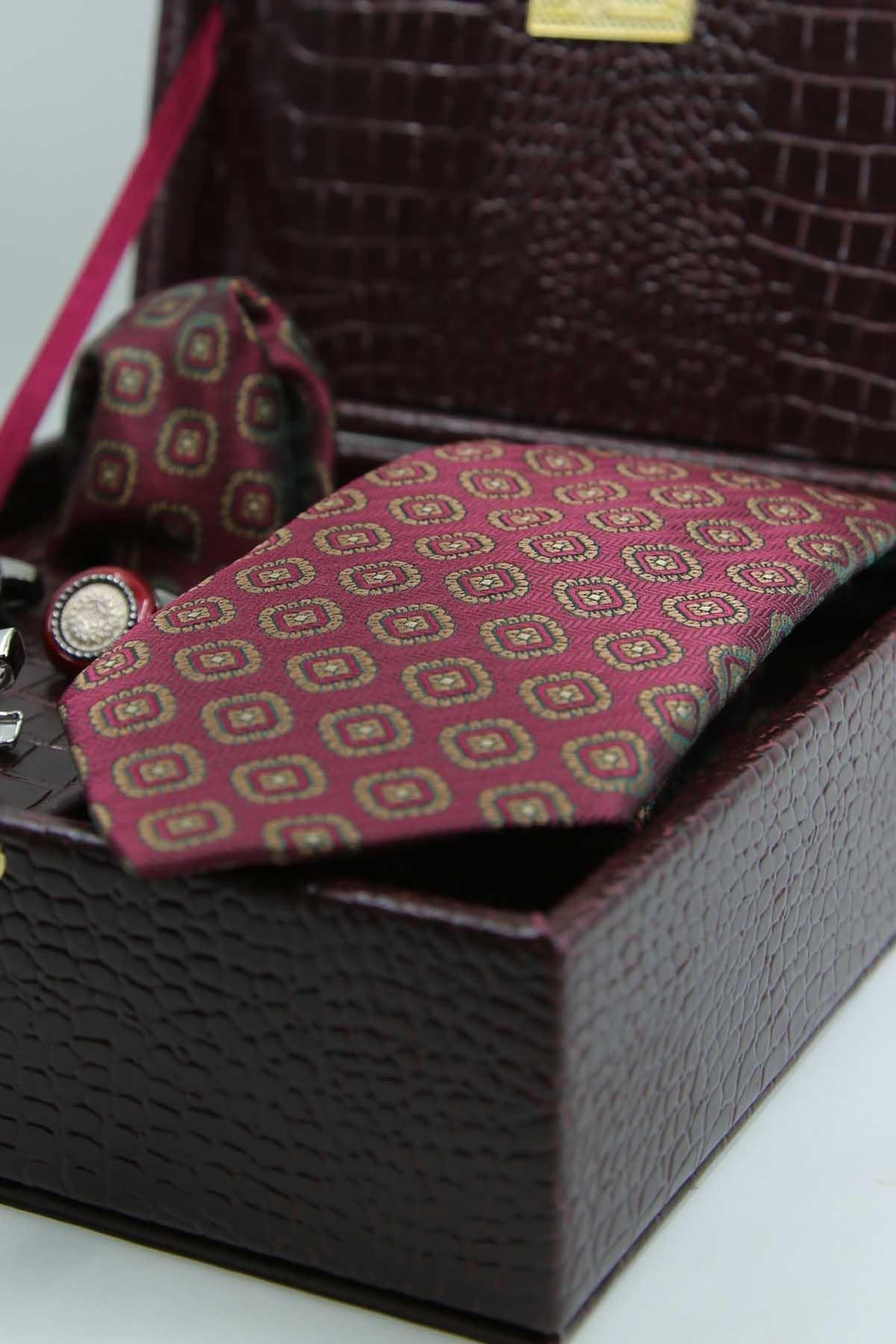 Bordo Erkek Hediye Kutusu - Kravat Kol Düğmesi Kravat İğnesi KMK119