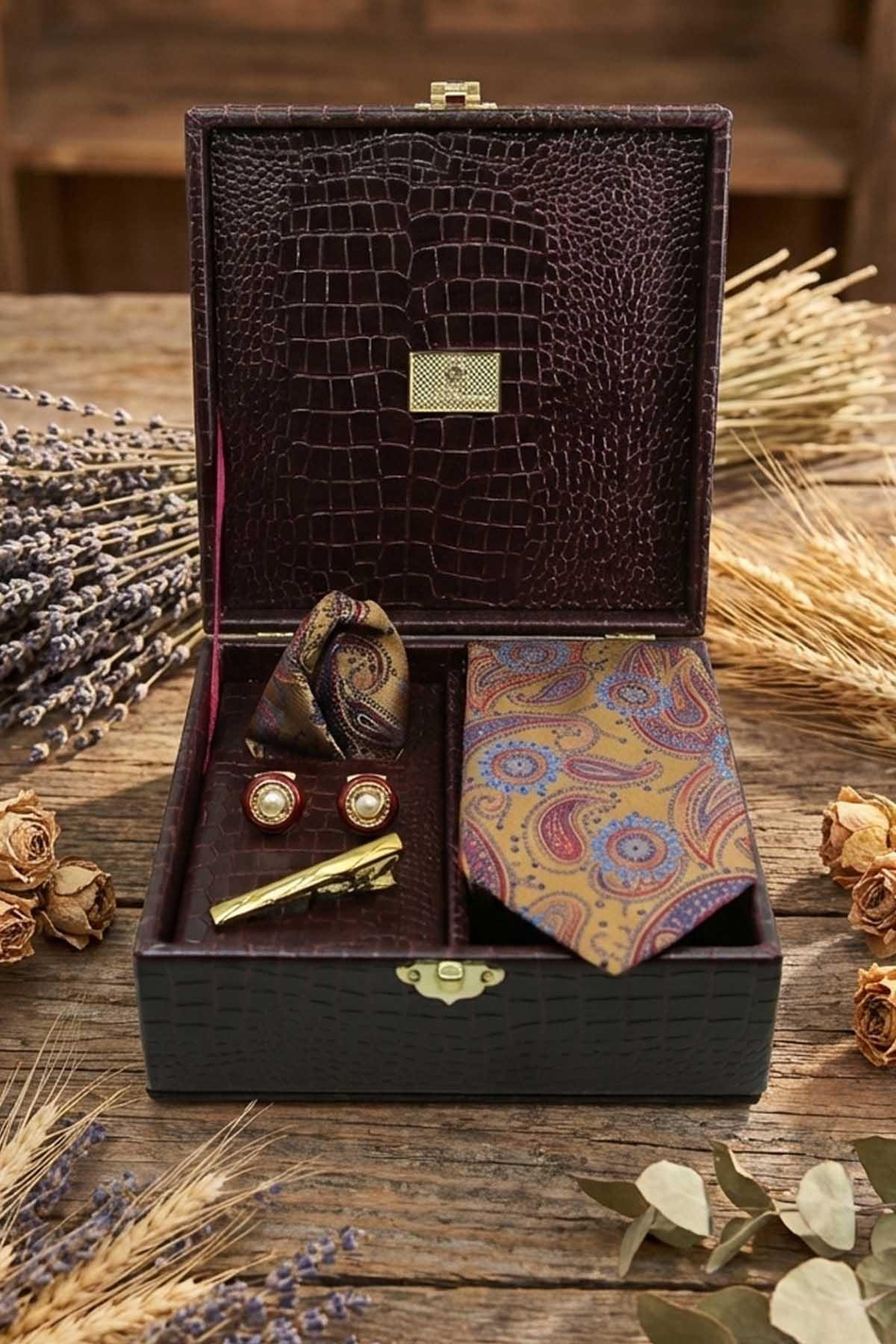 Bordo Erkek Hediye Kutusu - Kravat Kol Düğmesi Kravat İğnesi KMK139