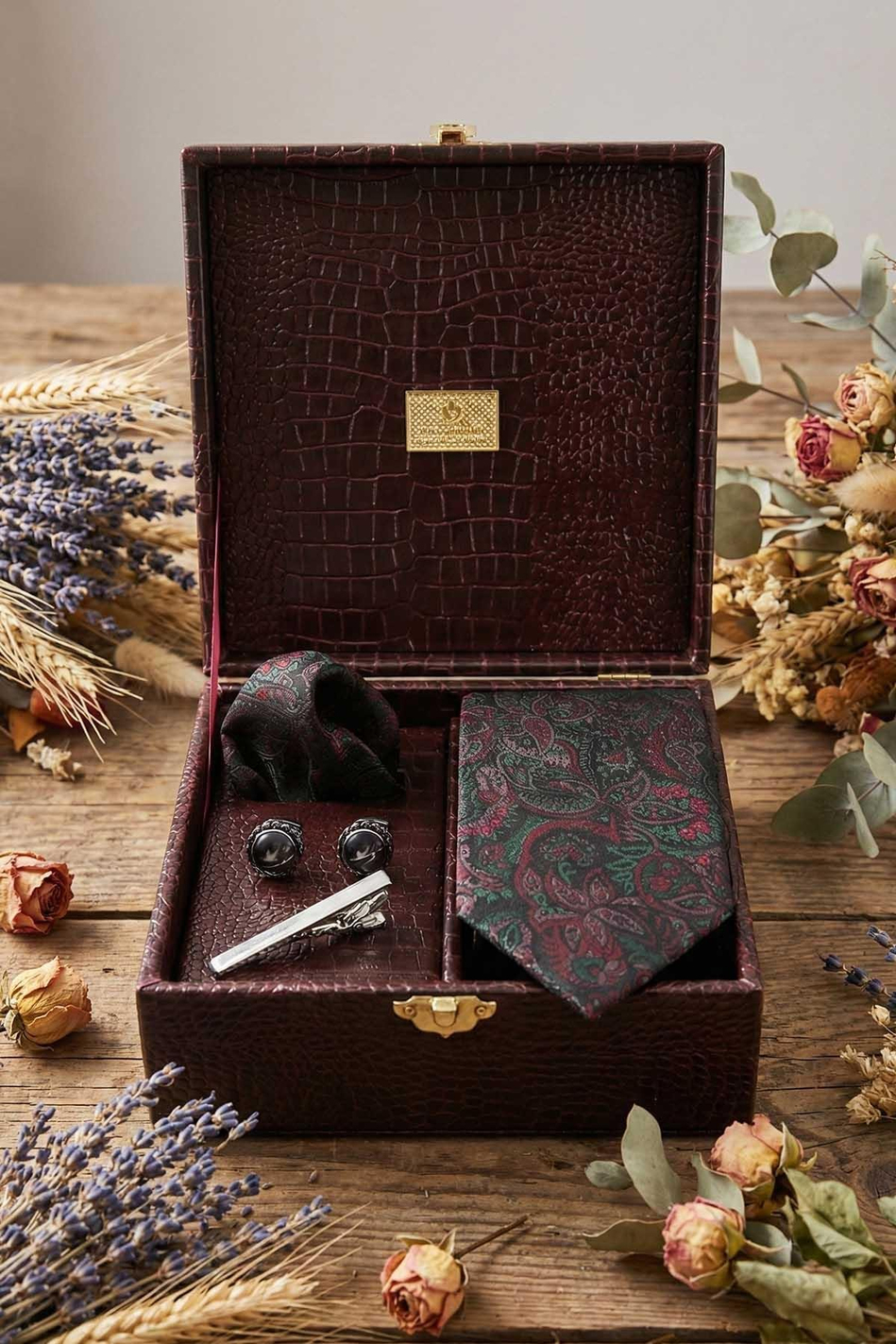 Bordo Erkek Hediye Kutusu - Kravat Kol Düğmesi Kravat İğnesi KMK129