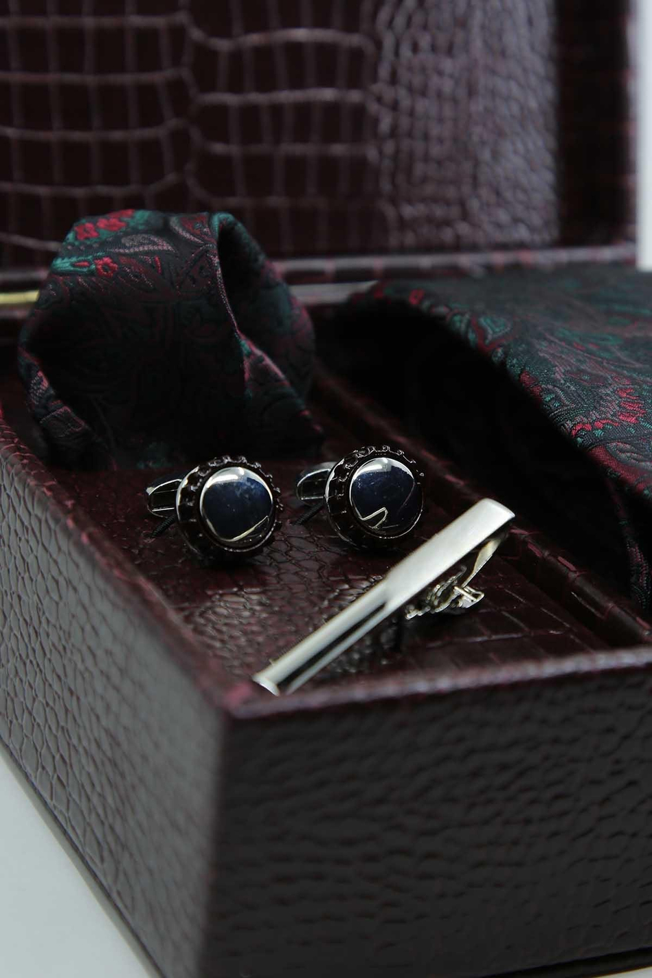 Bordo Erkek Hediye Kutusu - Kravat Kol Düğmesi Kravat İğnesi KMK129