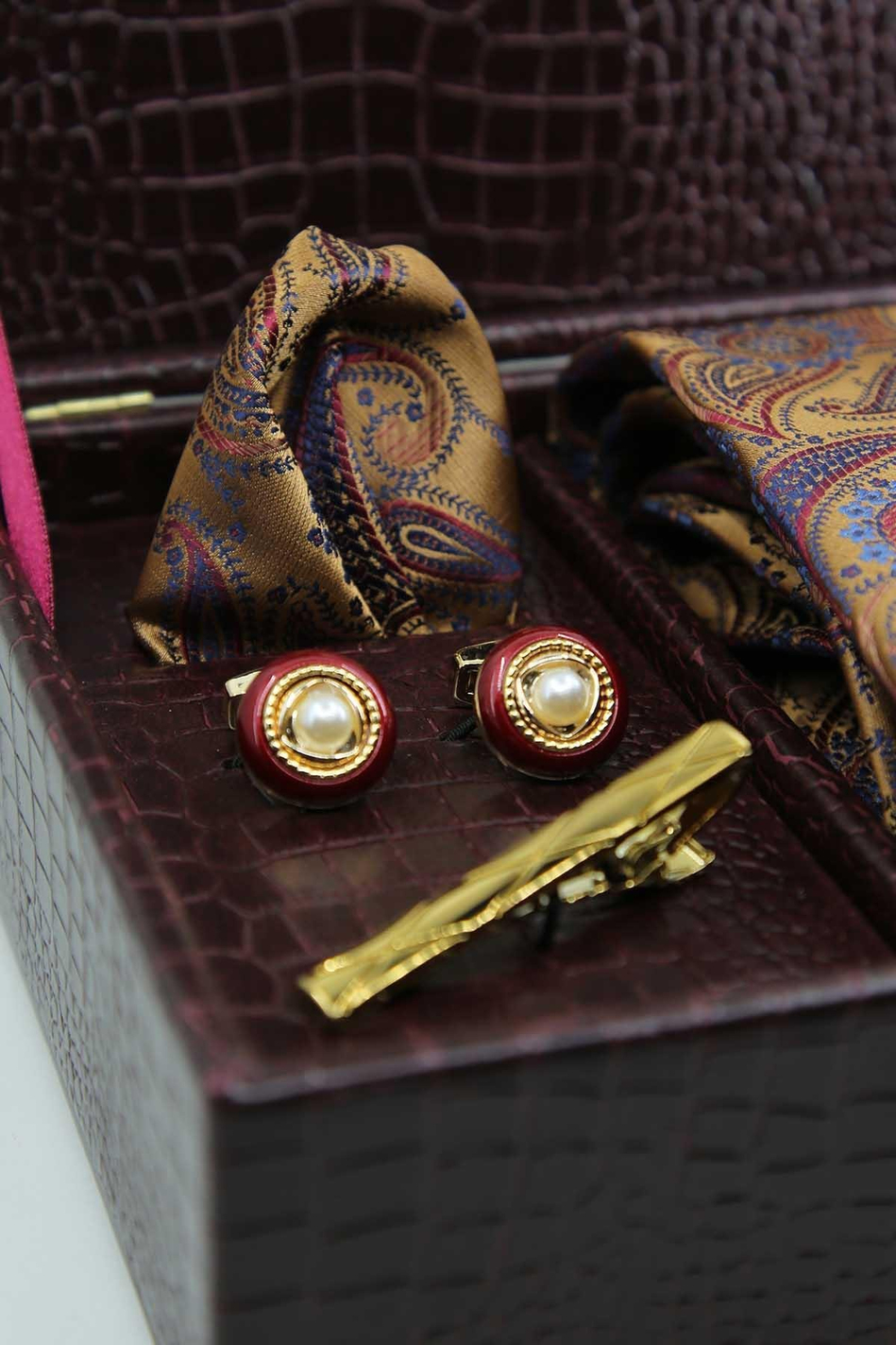 Bordo Erkek Hediye Kutusu - Kravat Kol Düğmesi Kravat İğnesi KMK139