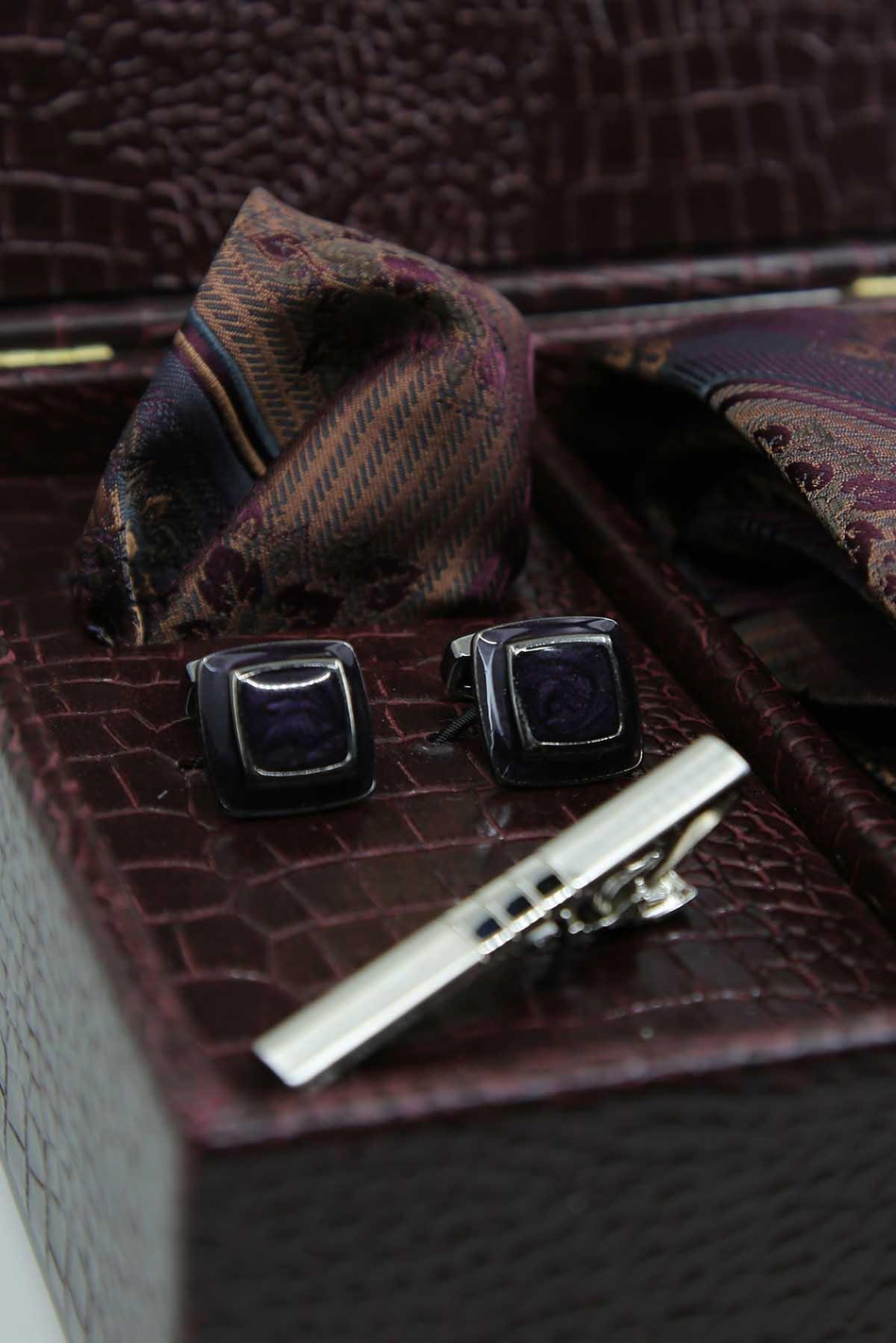 Bordo Erkek Hediye Kutusu - Kravat Kol Düğmesi Kravat İğnesi KMK124