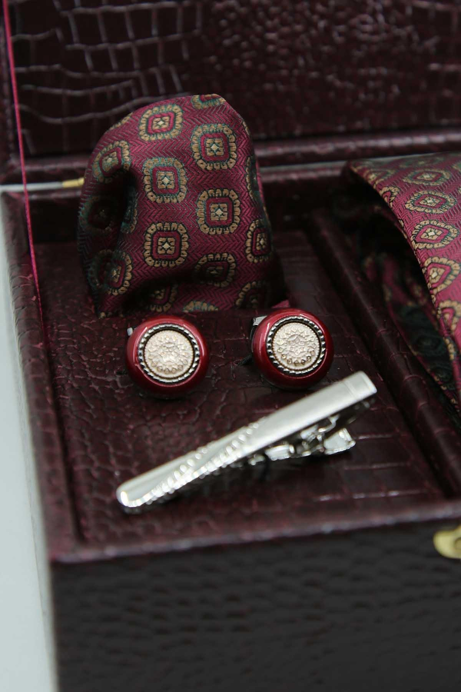 Bordo Erkek Hediye Kutusu - Kravat Kol Düğmesi Kravat İğnesi KMK119