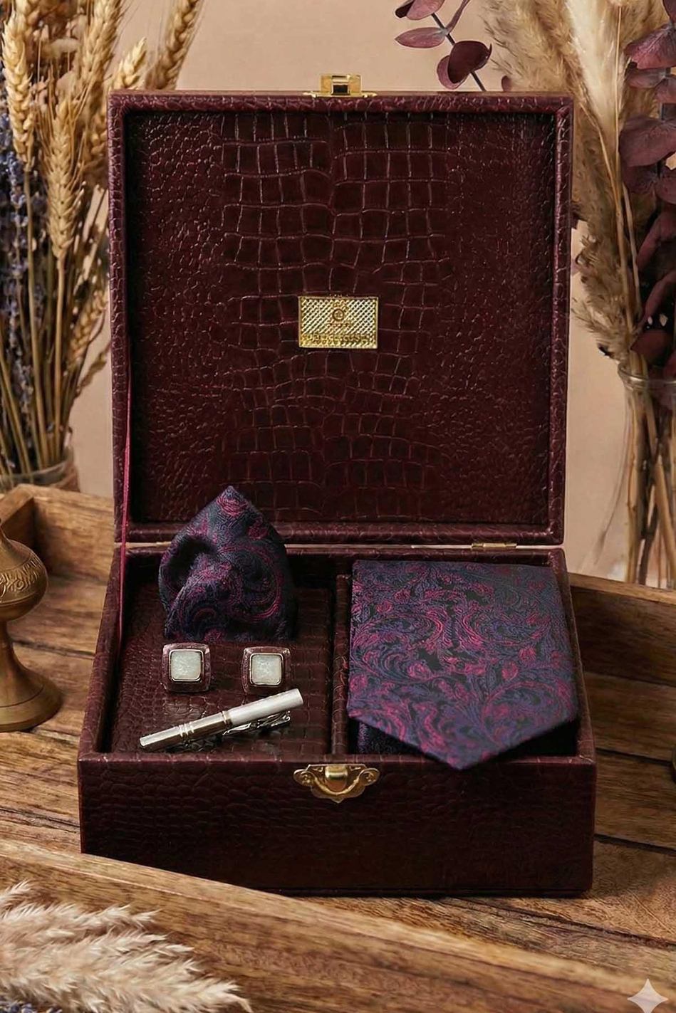 Bordo Erkek Hediye Kutusu - Mendilli Kravat Kol Düğmesi Kravat İğnesi KMK96