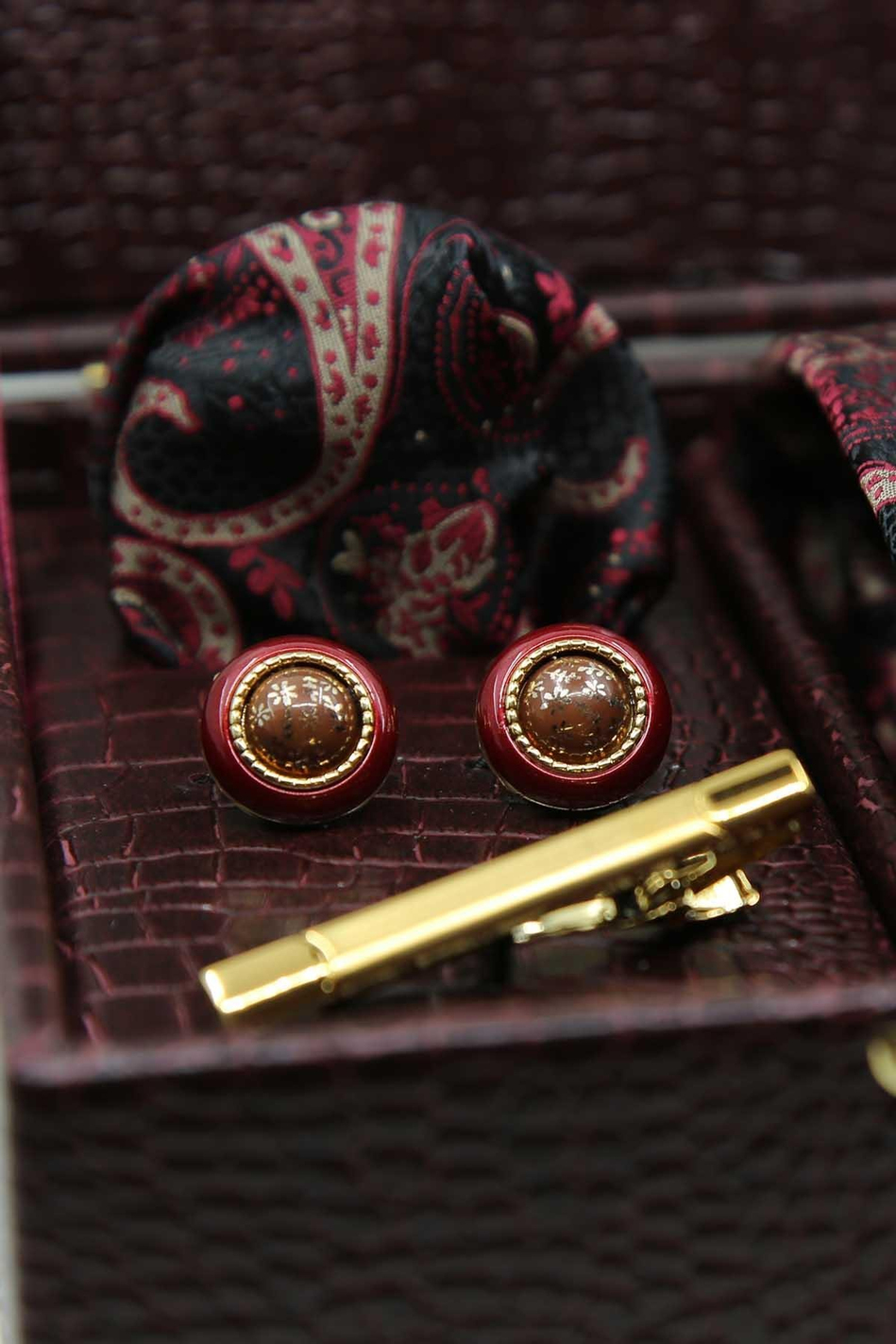 Bordo Erkek Hediye Kutusu - Mendilli Kravat Kol Düğmesi Kravat İğnesi KMK108
