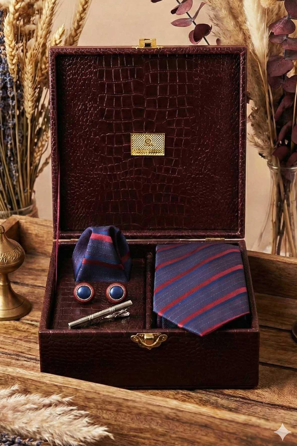 Bordo Erkek Hediye Kutusu - Mendilli Kravat Kol Düğmesi Kravat İğnesi KMK101