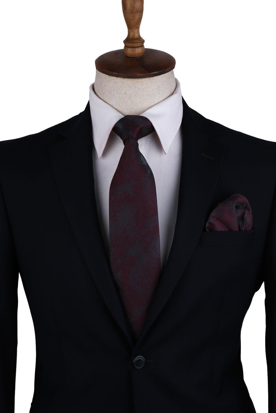 Bordo - Füme Kum Desen Mendilli Klasik Kravat KK10540