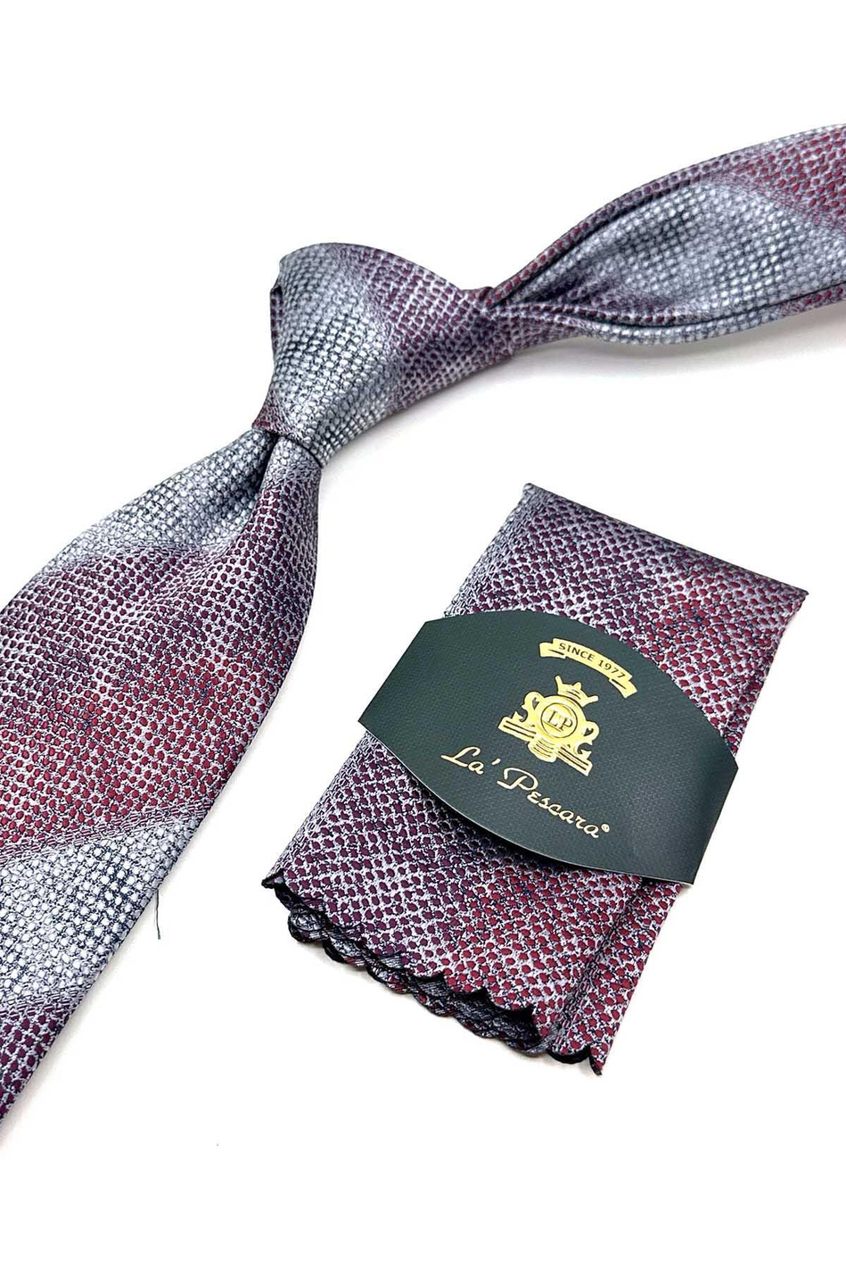 Bordo - Gri Çizgi Desen Mendilli Klasik Kravat KK13071