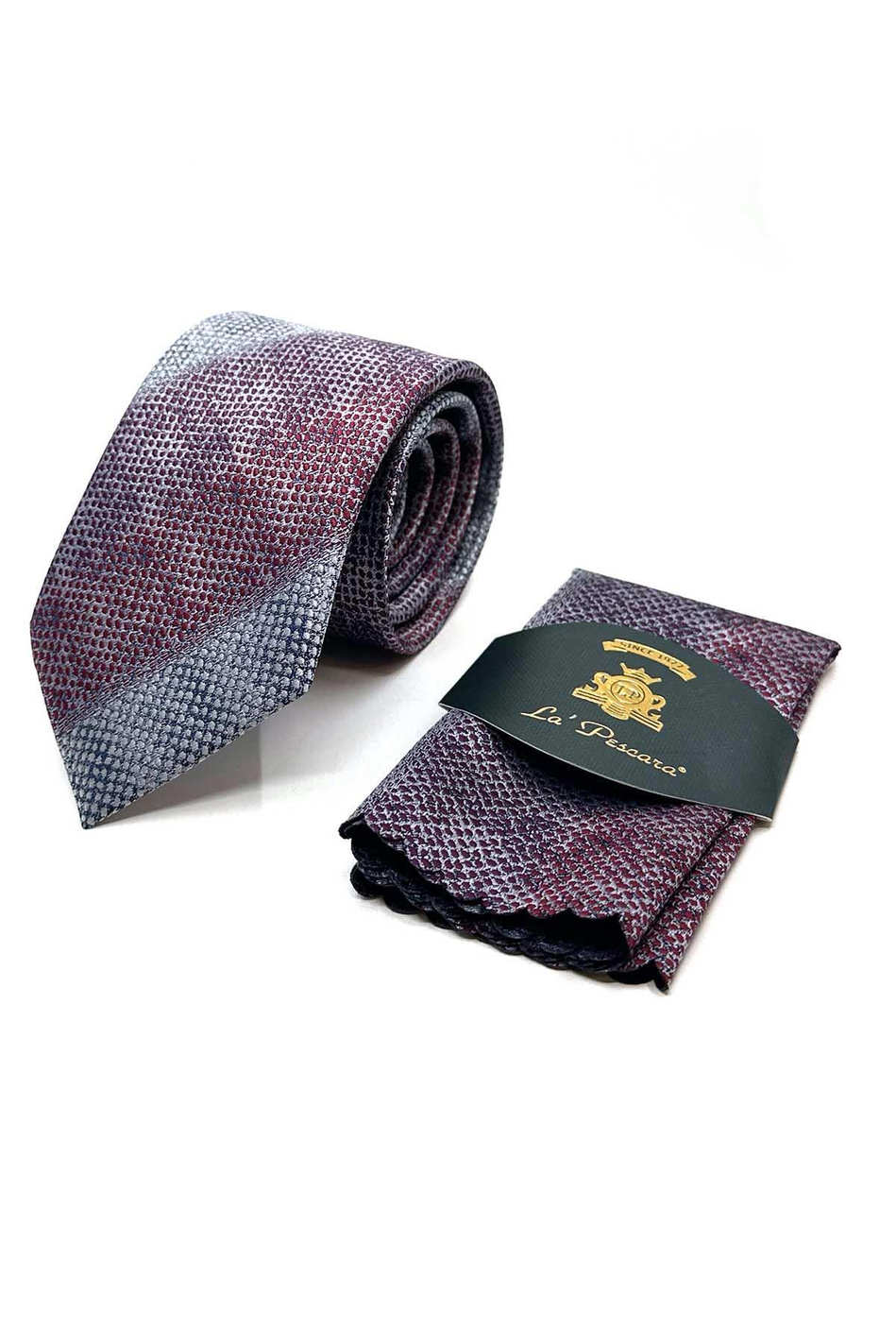 Bordo - Gri Çizgi Desen Mendilli Klasik Kravat KK13071