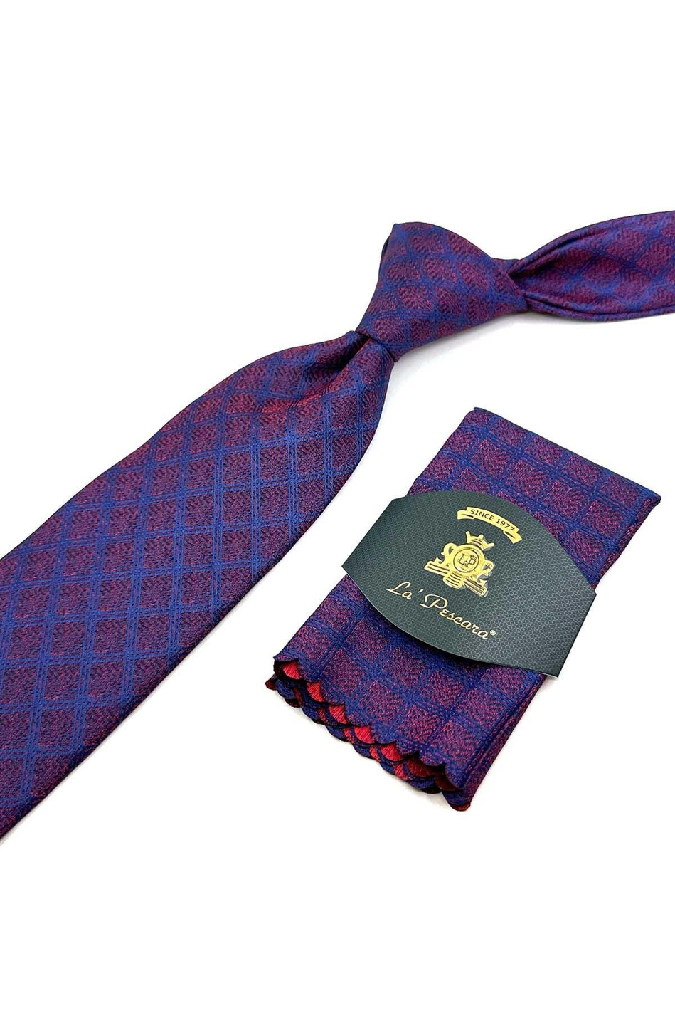 Bordo - Lacivert Kare Desen Mendilli Klasik Kravat KK12486