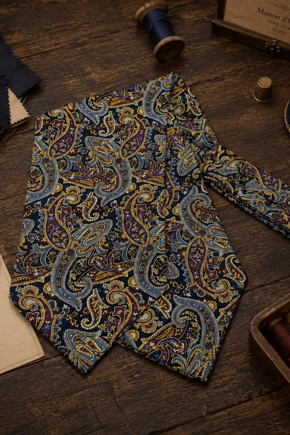 Bordo Lacivert Şal Desen İtalyan İpek Ascot Kravat SAC81