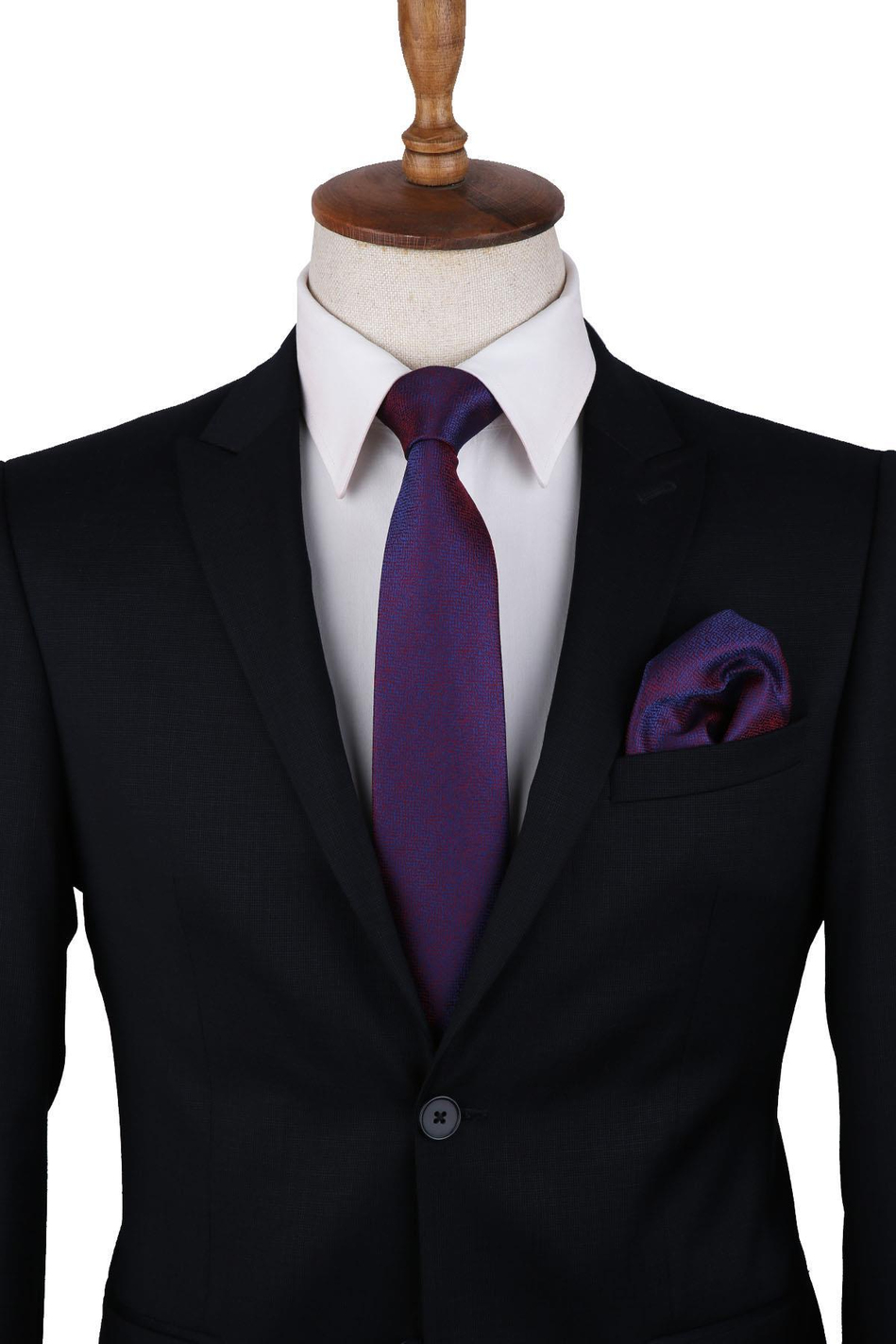 Bordo - Mavi Kum Desen Mendilli Klasik Kravat KK10244