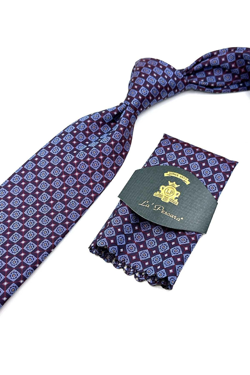 Bordo - Mavi Motif Desen Mendilli Klasik Kravat KK12605