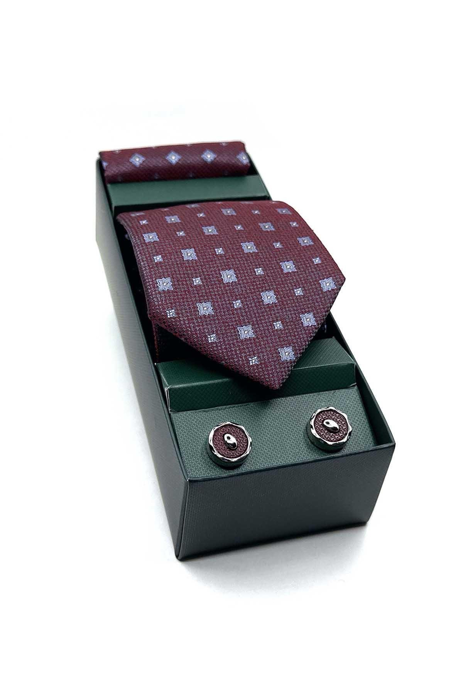 Bordo Mendilli Kravat Bordo Kol Düğmesi Hediye Seti OS570