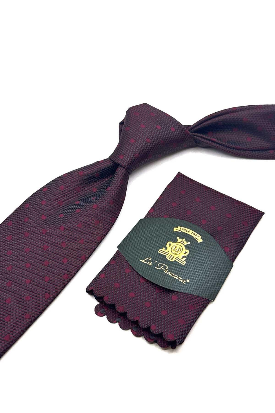 Bordo Puantiye Desen Mendilli Klasik Kravat KK13004