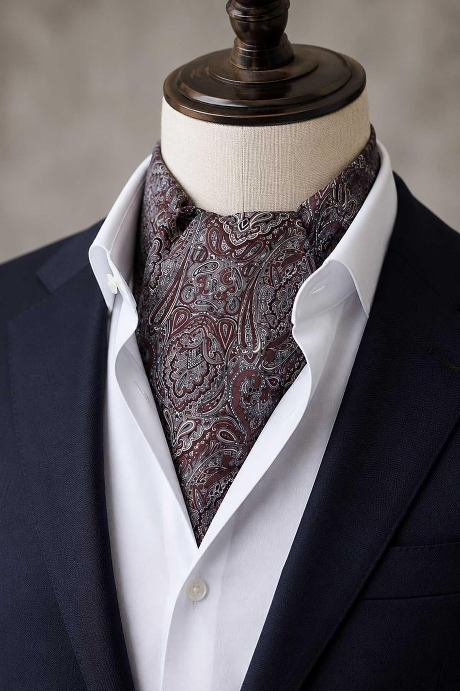 Bordo Şal Desen İtalyan İpek Ascot Kravat SAC145