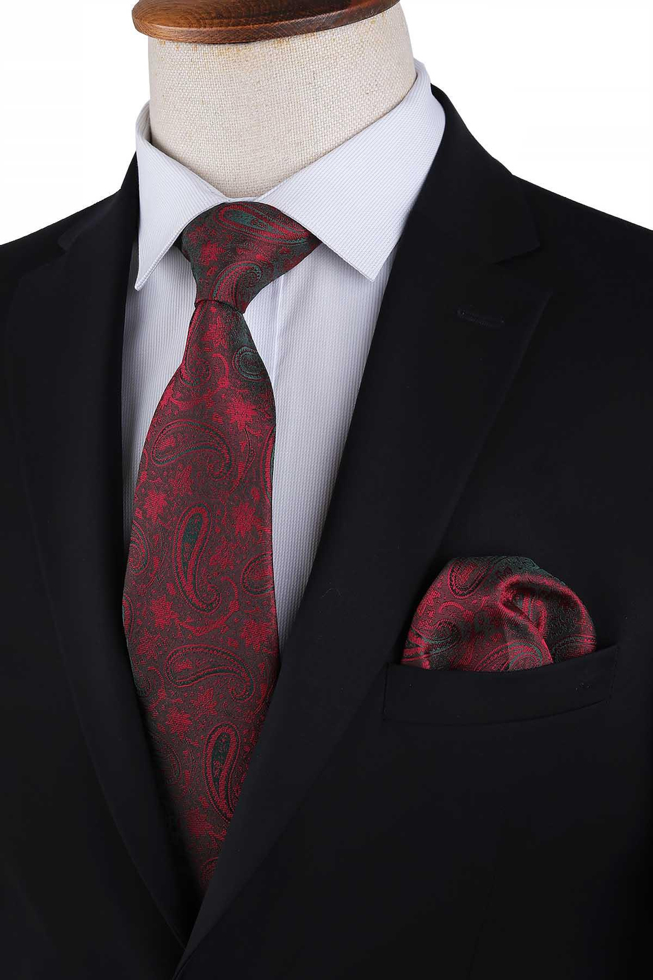 Bordo Şal Desen Mendilli Klasik Kravat KK13124