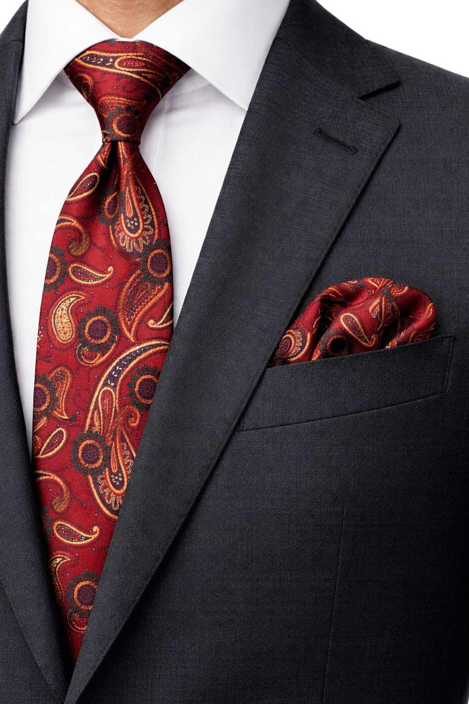 Bordo Şal Desen Mendilli Klasik Kravat KK13119
