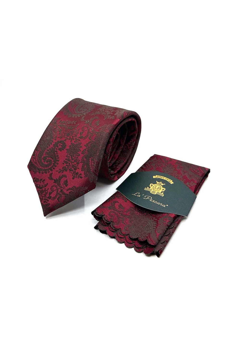Bordo Şal Desen Mendilli Klasik Kravat KK13124
