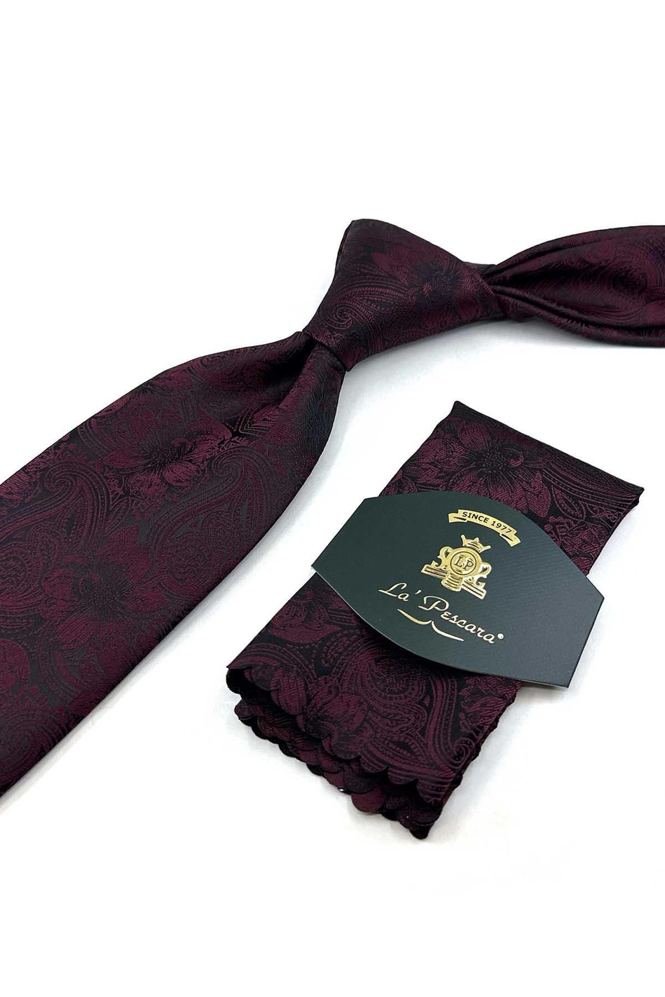 Bordo - Siyah Çiçek Desen Mendilli Klasik Kravat KK13335