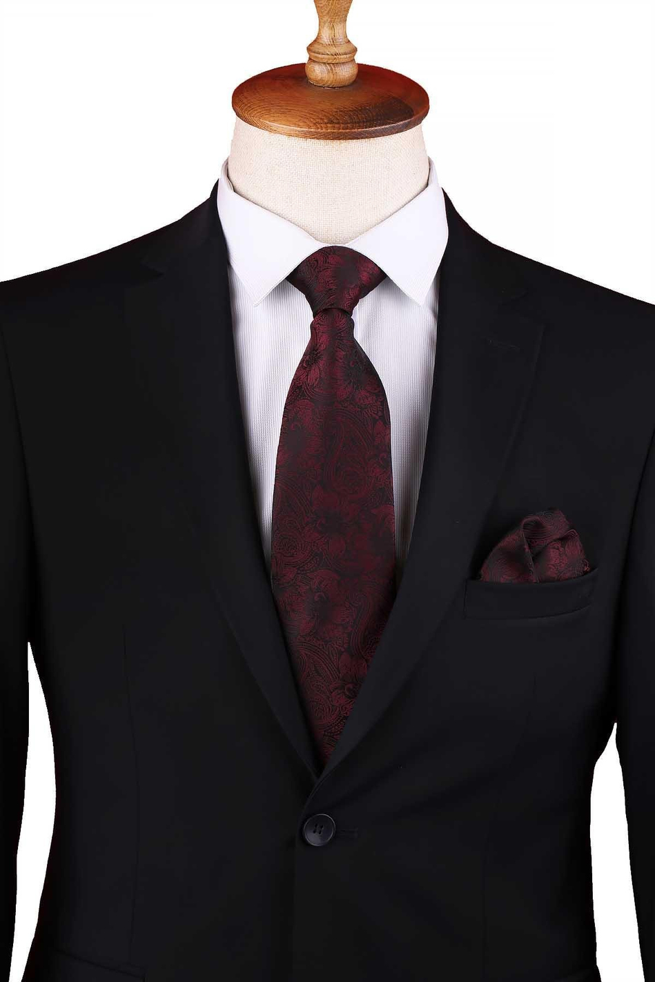 Bordo - Siyah Çiçek Desen Mendilli Klasik Kravat KK13335