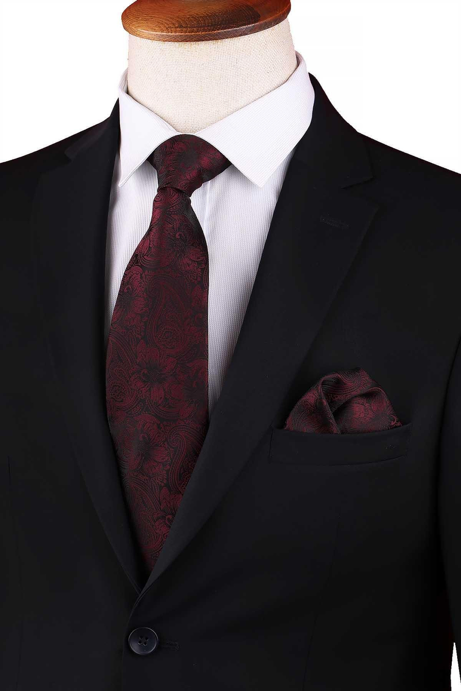 Bordo - Siyah Çiçek Desen Mendilli Klasik Kravat KK13335