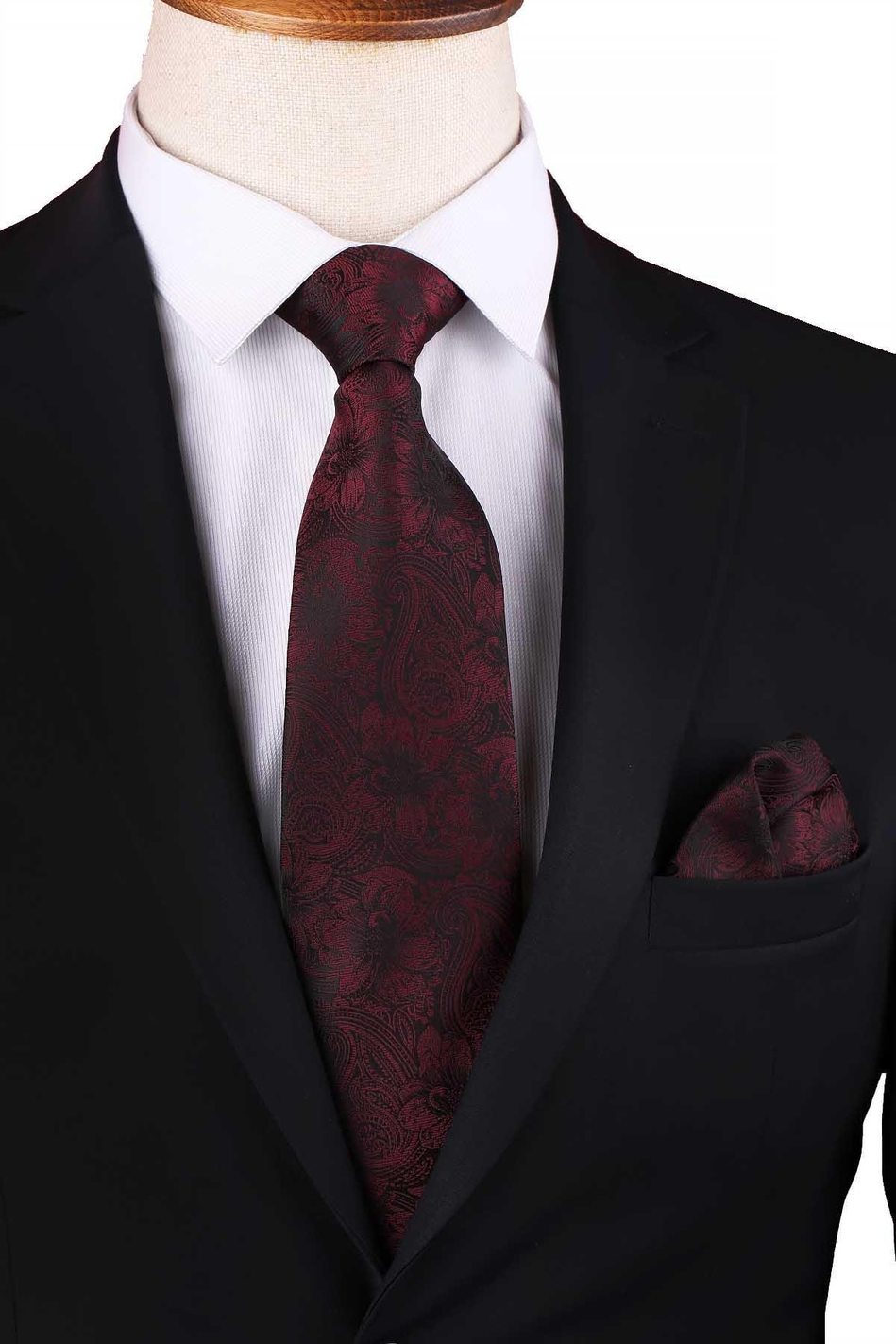 Bordo - Siyah Çiçek Desen Mendilli Klasik Kravat KK13335