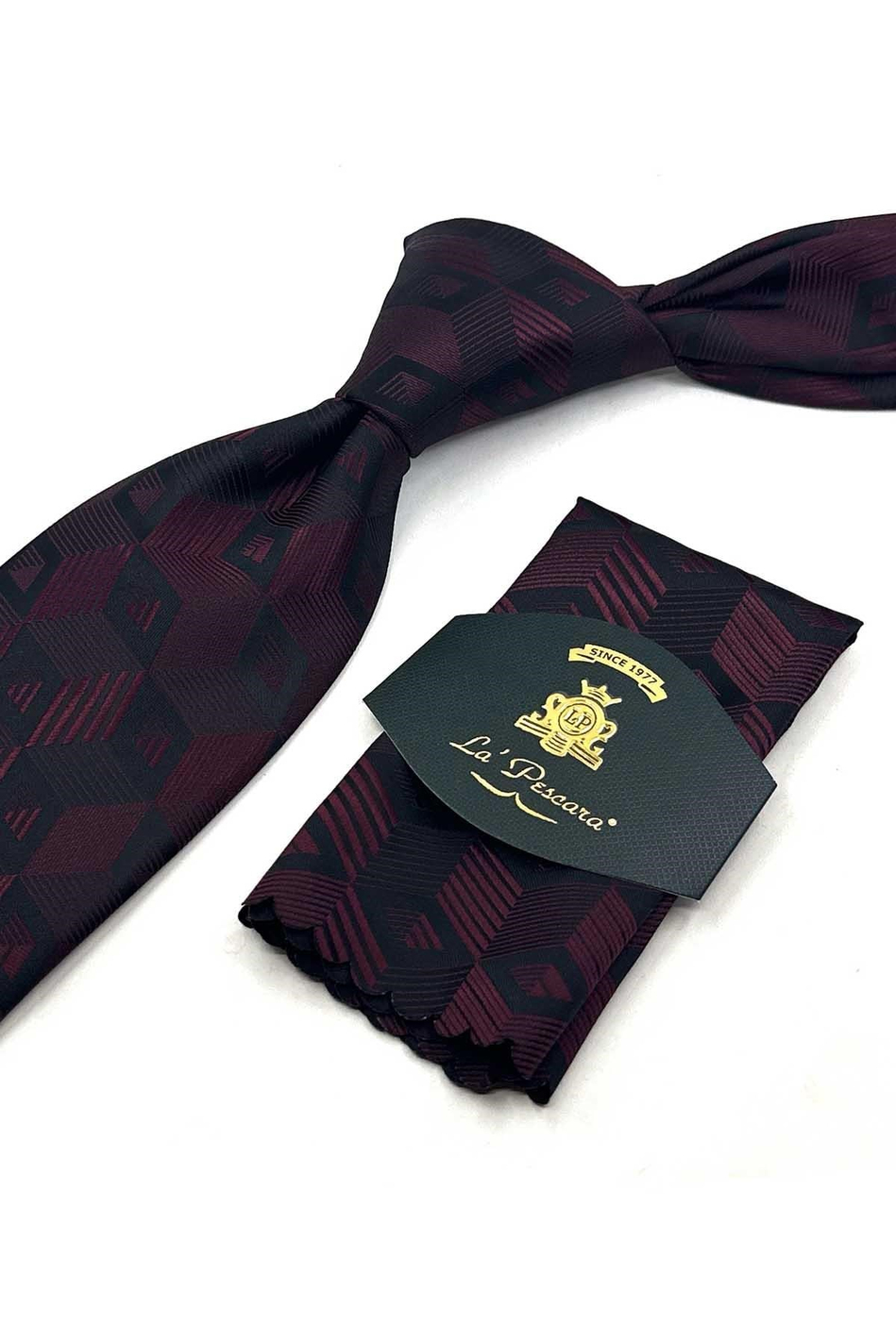 Bordo Siyah Motif Desen Mendilli Klasik Kravat KK13786