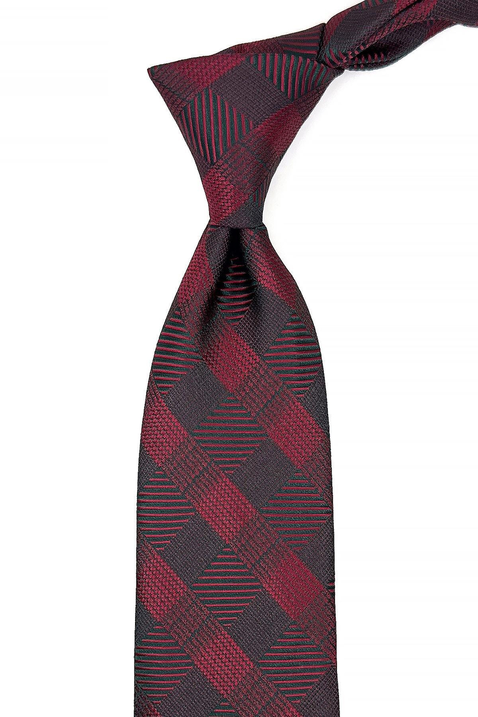 Bordo - Yeşil Ekose Desen Mendilli Klasik Kravat KK11078