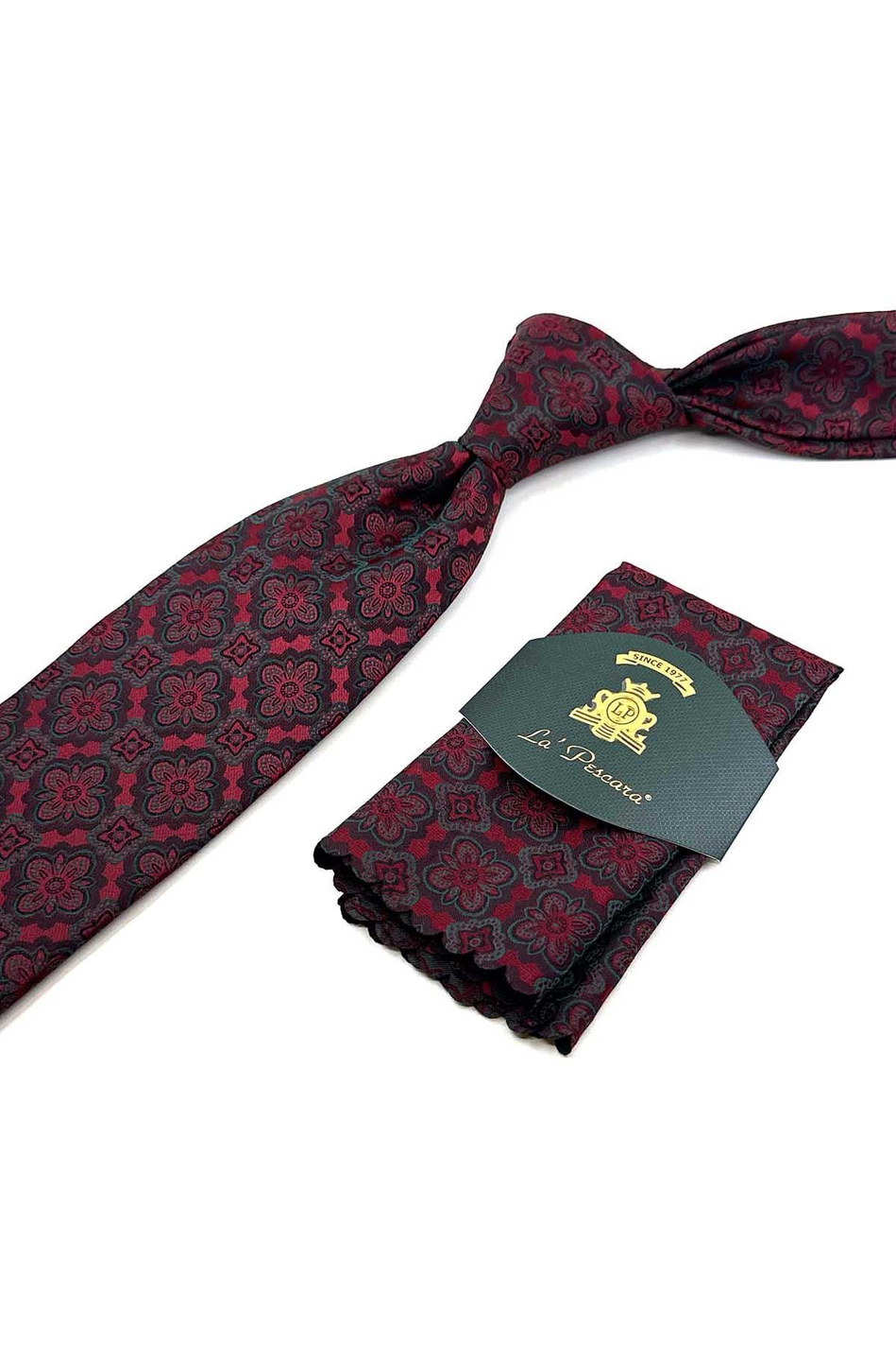 Bordo - Yeşil Motif Desen Mendilli Klasik Kravat KK12376