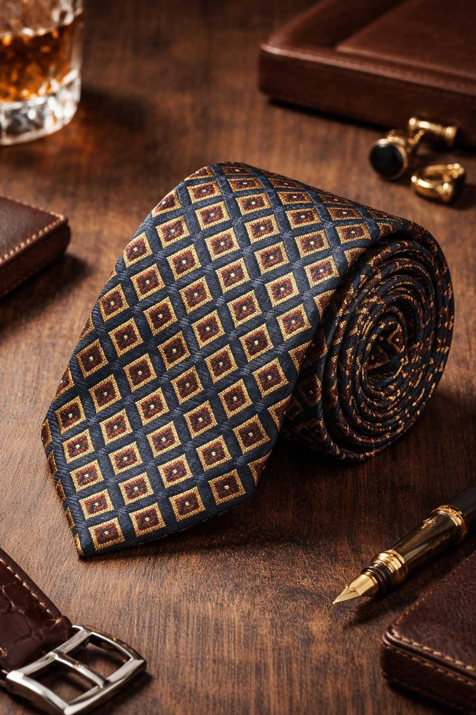 Brissago Style Lacivert Motif Desen İtalyan İpek Kravat İK2240