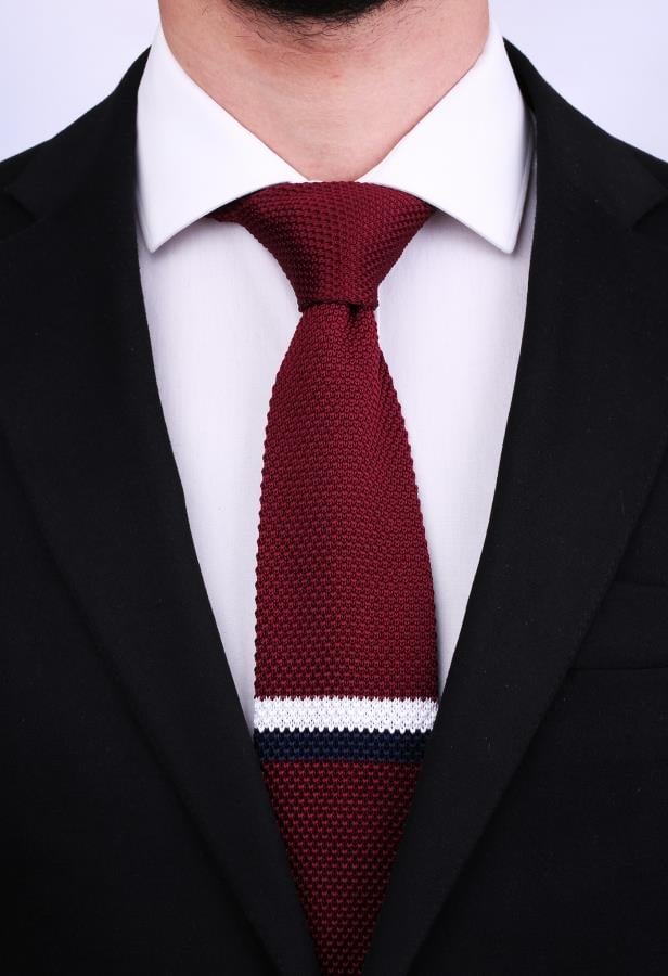 Çizgi Desen Örgü Bordo Kravat 8017