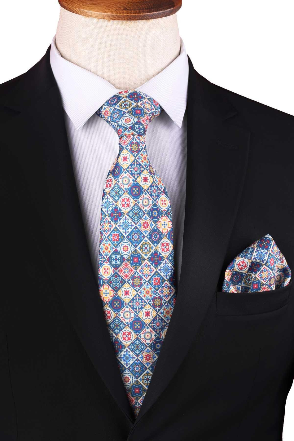 Çok Renkli Baskılı Mendilli Klasik Kravat KK13357