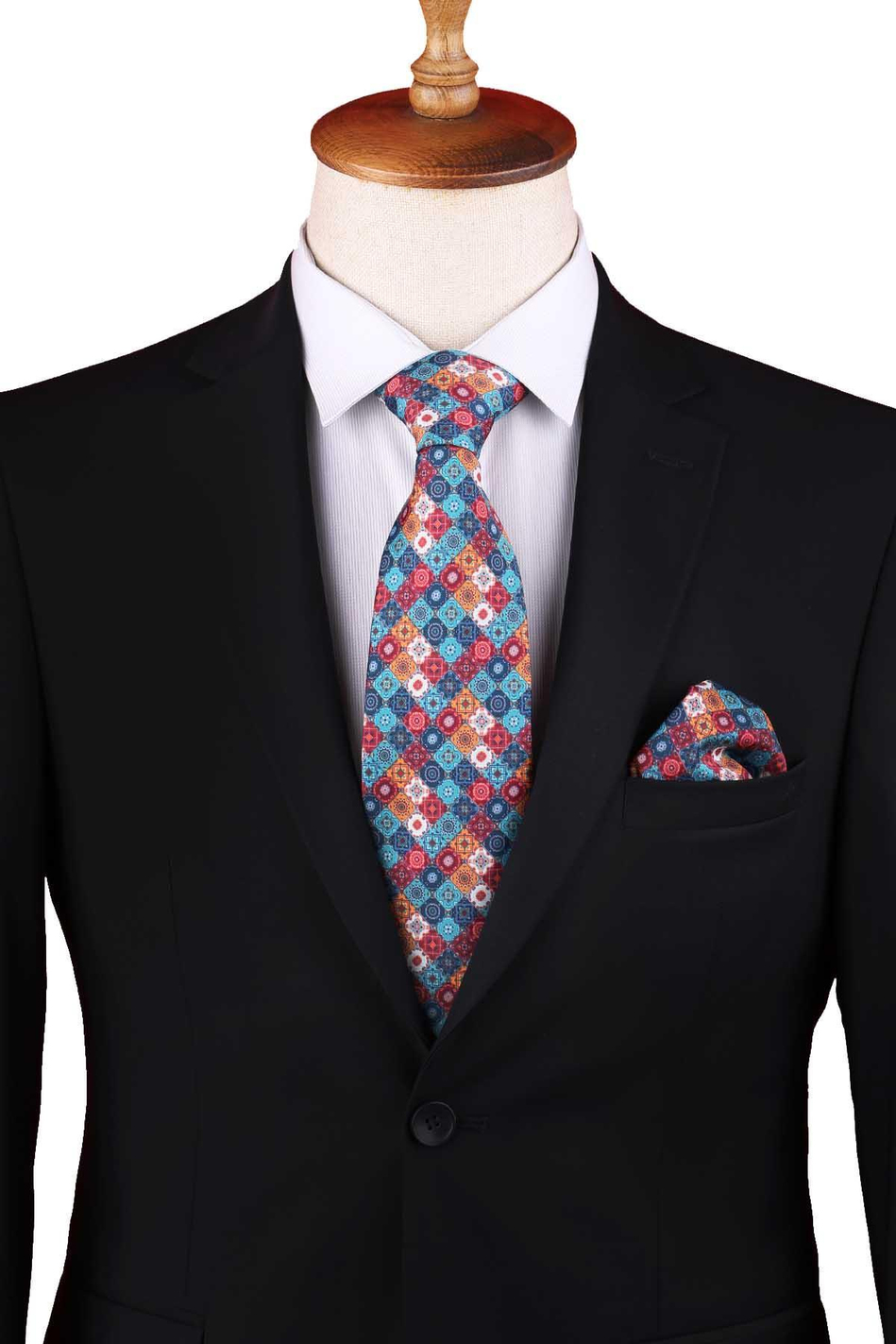 Çok Renkli Baskılı Mendilli Klasik Kravat KK13355