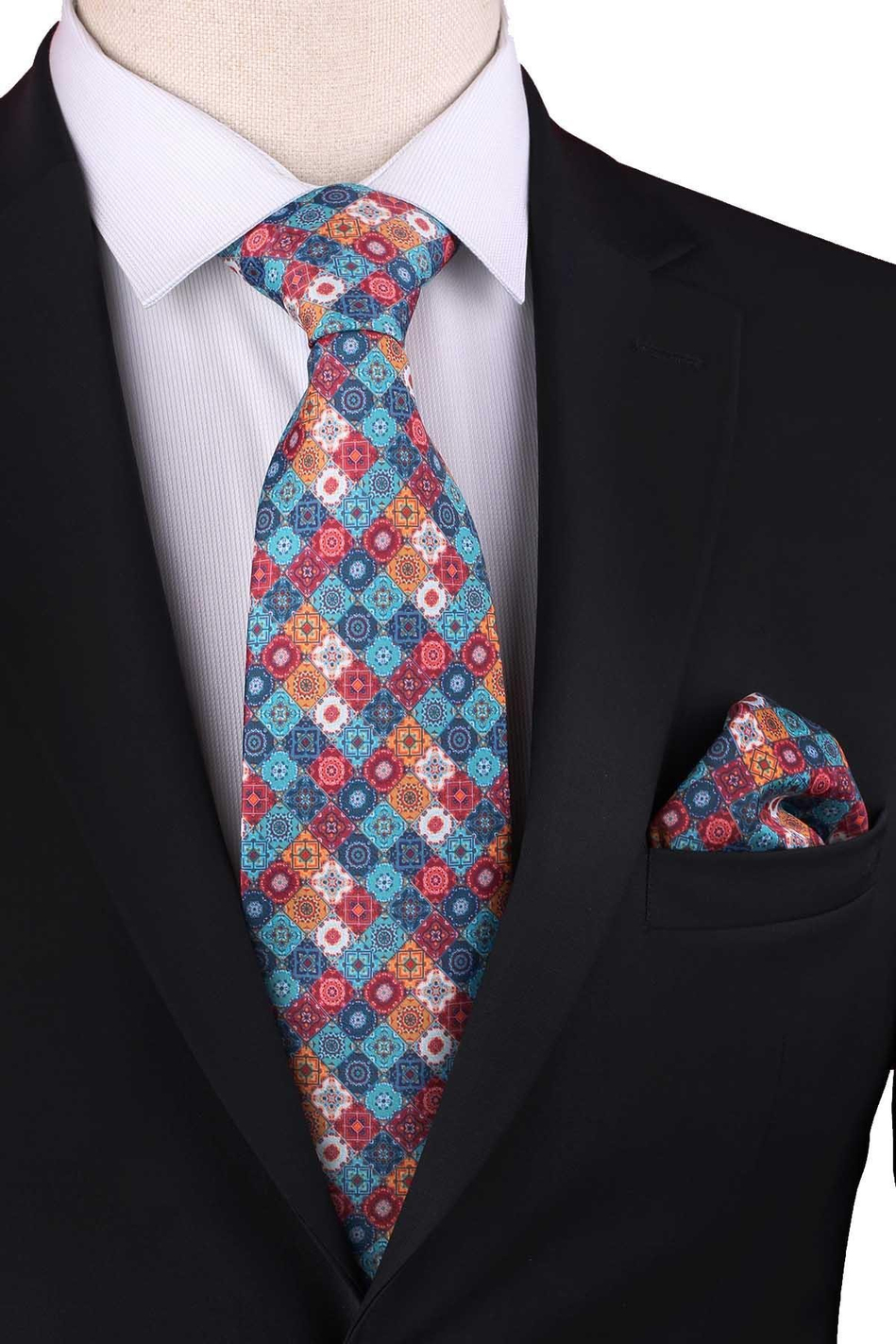 Çok Renkli Baskılı Mendilli Klasik Kravat KK13355