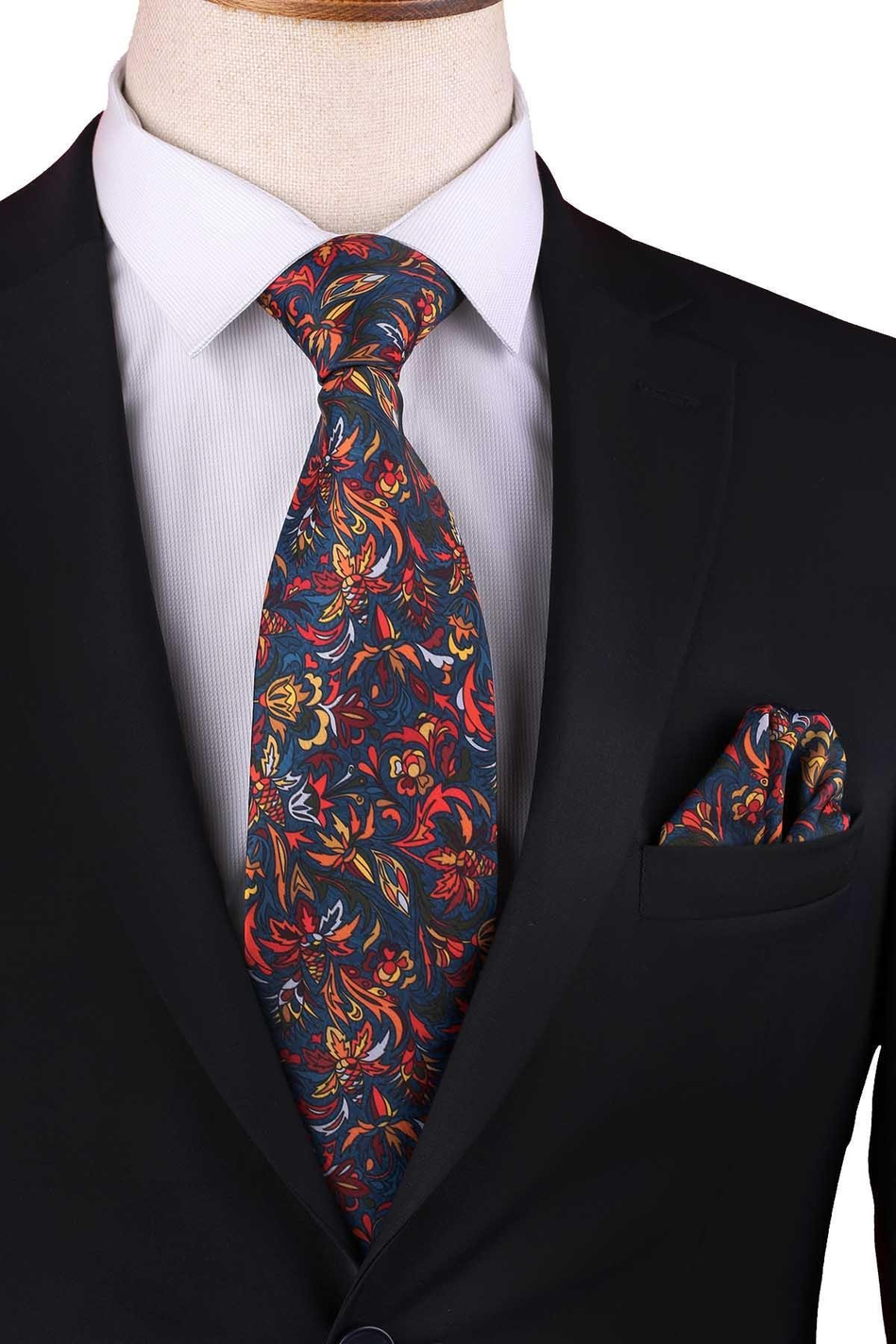 Çok Renkli Çiçek Desen Baskılı Mendilli Klasik Kravat KK13351