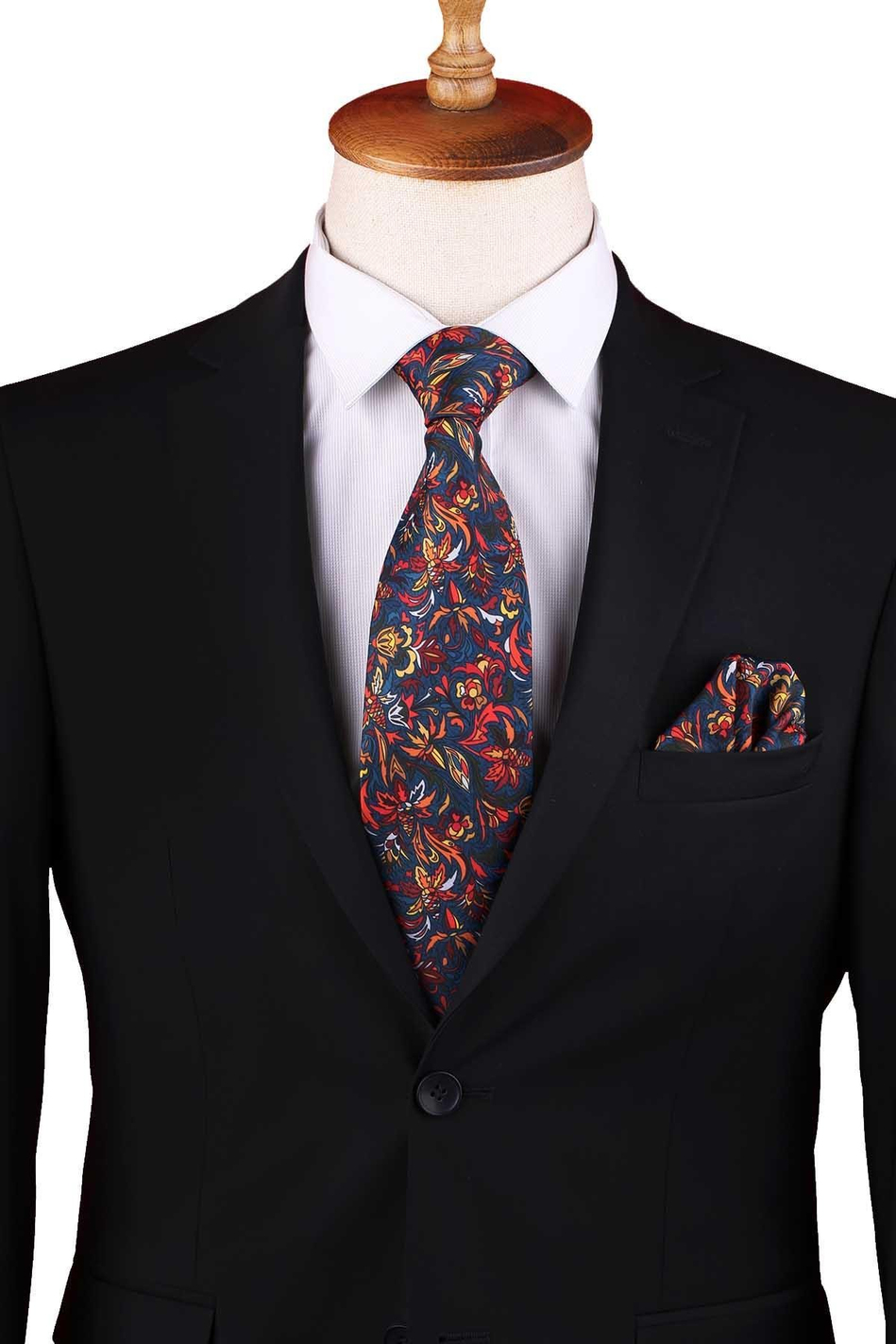 Çok Renkli Çiçek Desen Baskılı Mendilli Klasik Kravat KK13351