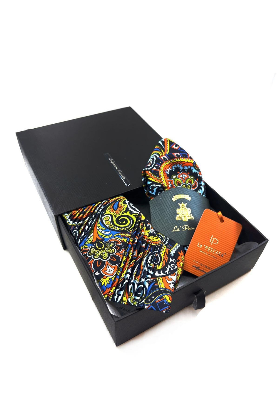 Çok Renkli - Lacivert Motif Desen İtalyan Piliseli İpek Kravat EST165