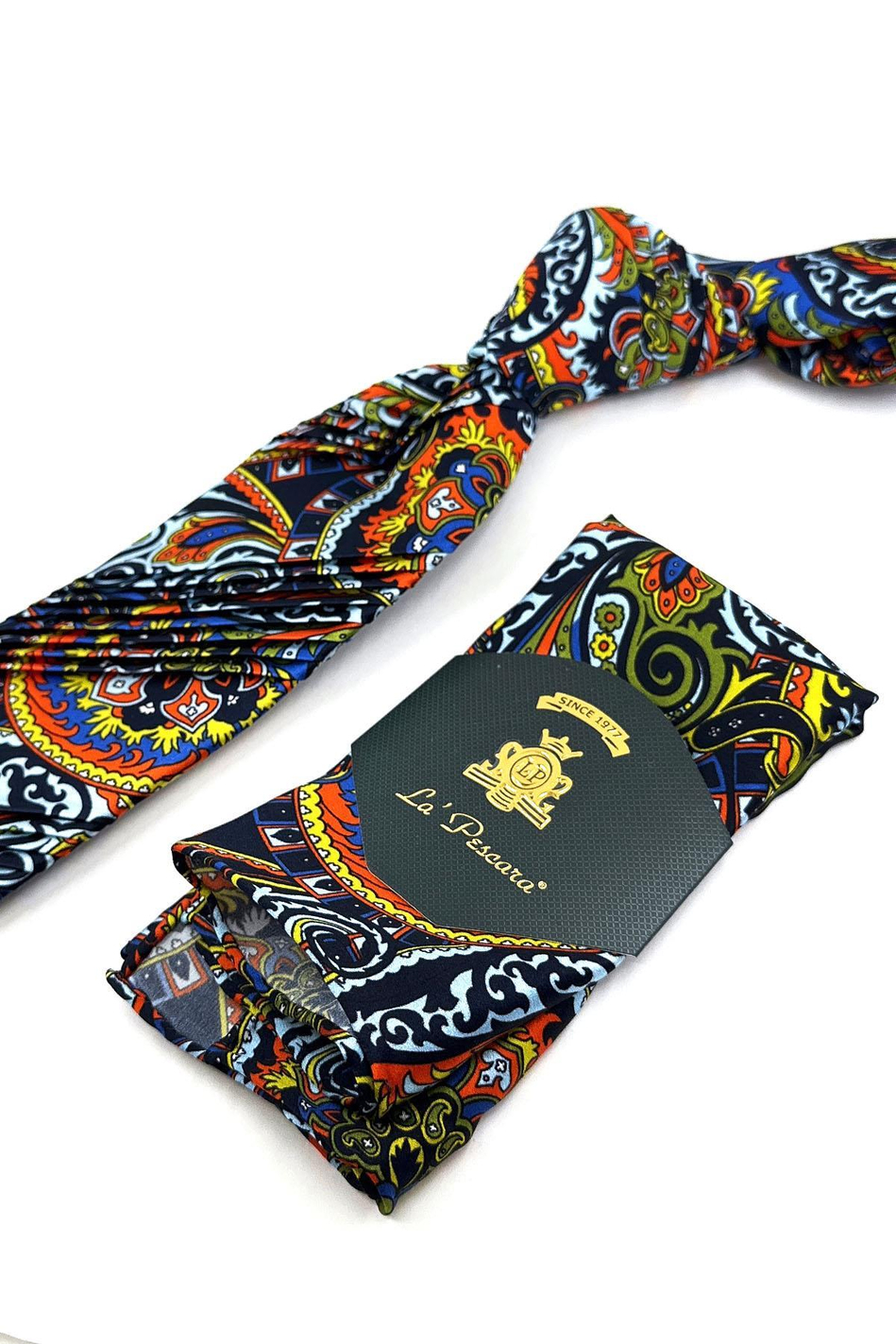 Çok Renkli - Lacivert Motif Desen İtalyan Piliseli İpek Kravat EST165