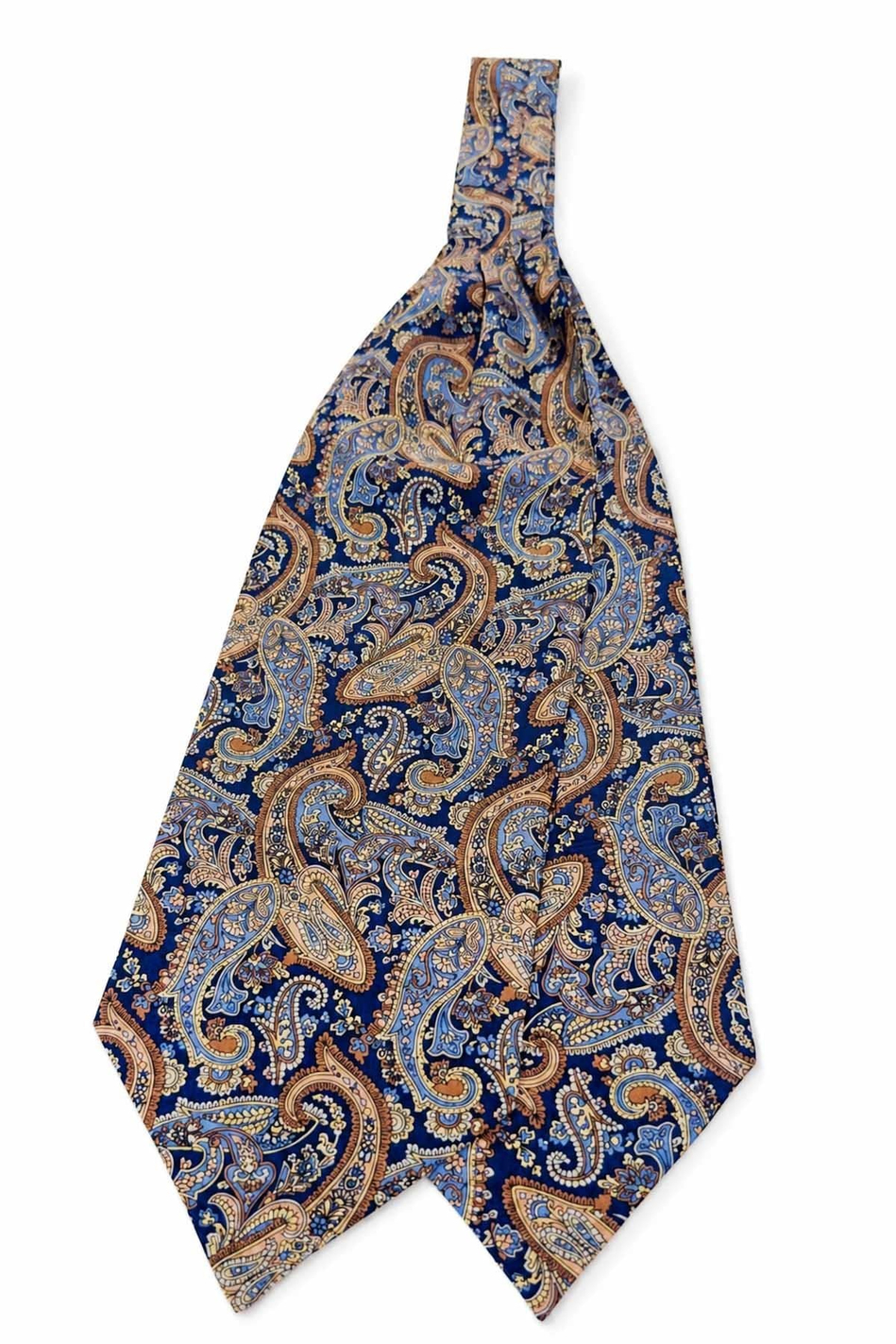 Ekru Lacivert Şal Desen İtalyan İpek Ascot Kravat SAC130