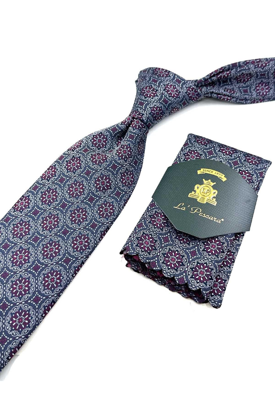 Füme - Bordo Motif Desen Mendilli Klasik Kravat KK12677