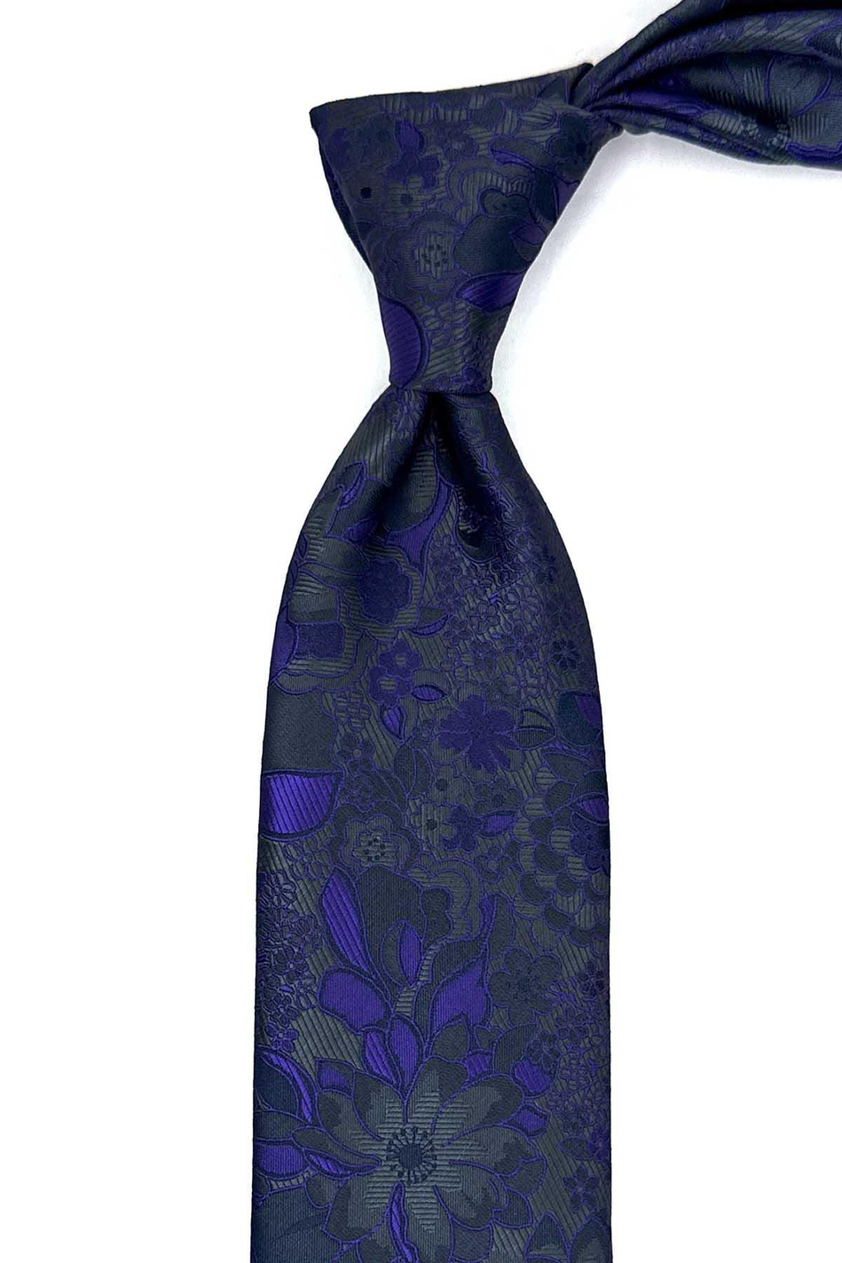 Füme Çiçek Desen Mendilli Klasik Kravat KK12945